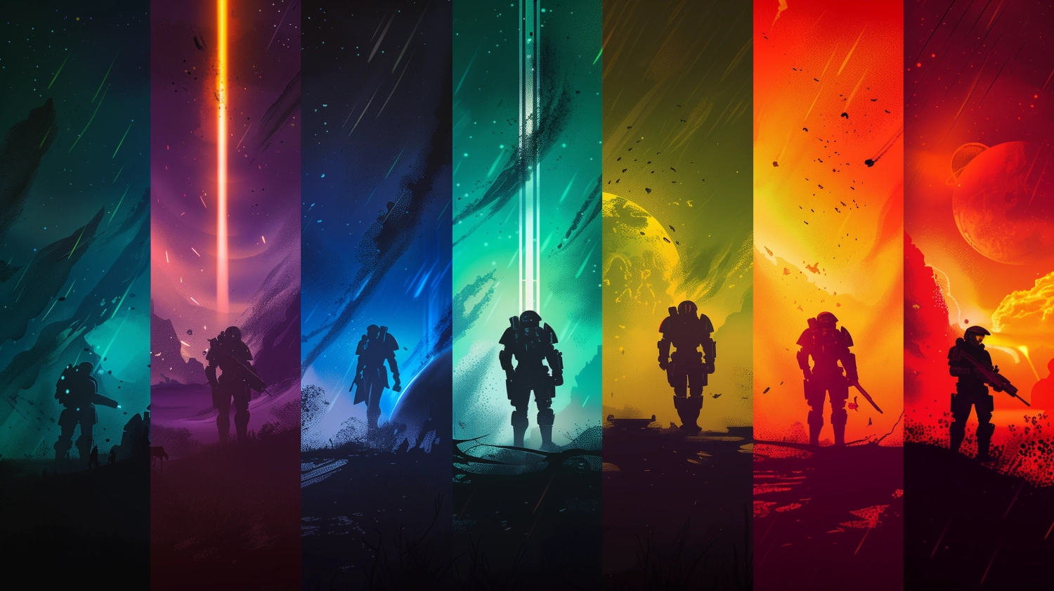 Gaming Science Fiction Banner for Discord, Different screens with Spartan Halo, Starship Troopers, Destiny 2 Guardians and Warhammer Space Marines, Various Vibrant colours, Modern,