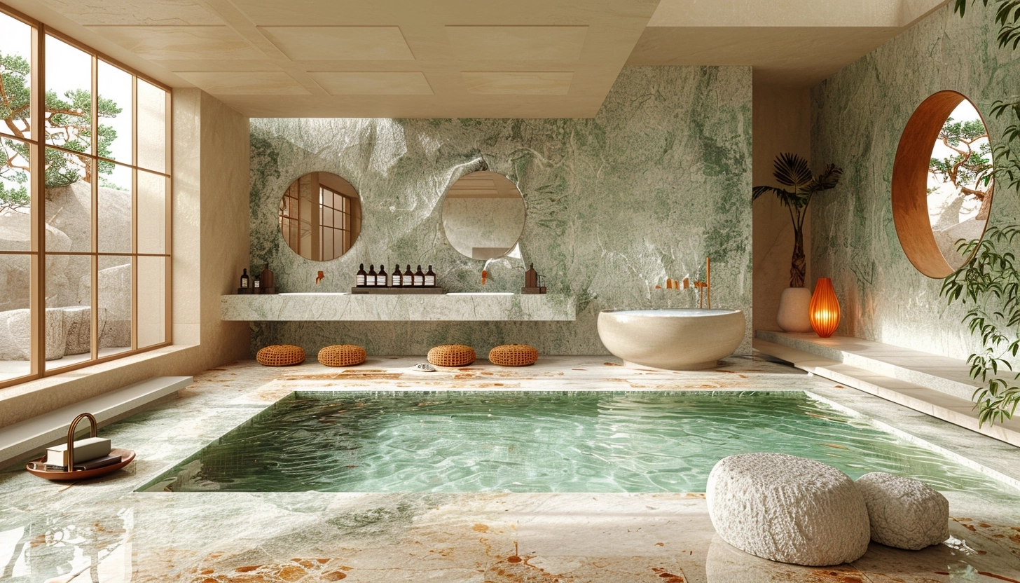 penhaligon's metaverse showroom design, inspired by penhaligon's, designplans dmvm design plans of the resort, in the style of greek temple, puzzle-like elements, poolcore, zen buddhism influence, green and beige, isometric, bloomsbury group