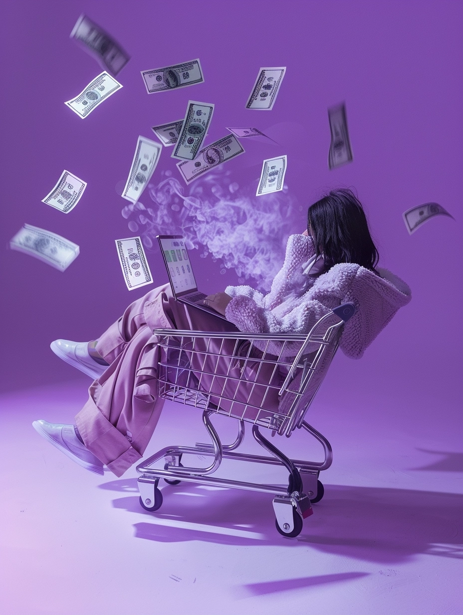 Hyper-realistic birdview photo, 2024 Morocco, a 30-year-old woman the road of success with dollars floating in air, shopping, cart, commerce, light purple, business atmosphere, real life photograph, laptop, minimalist, abstract