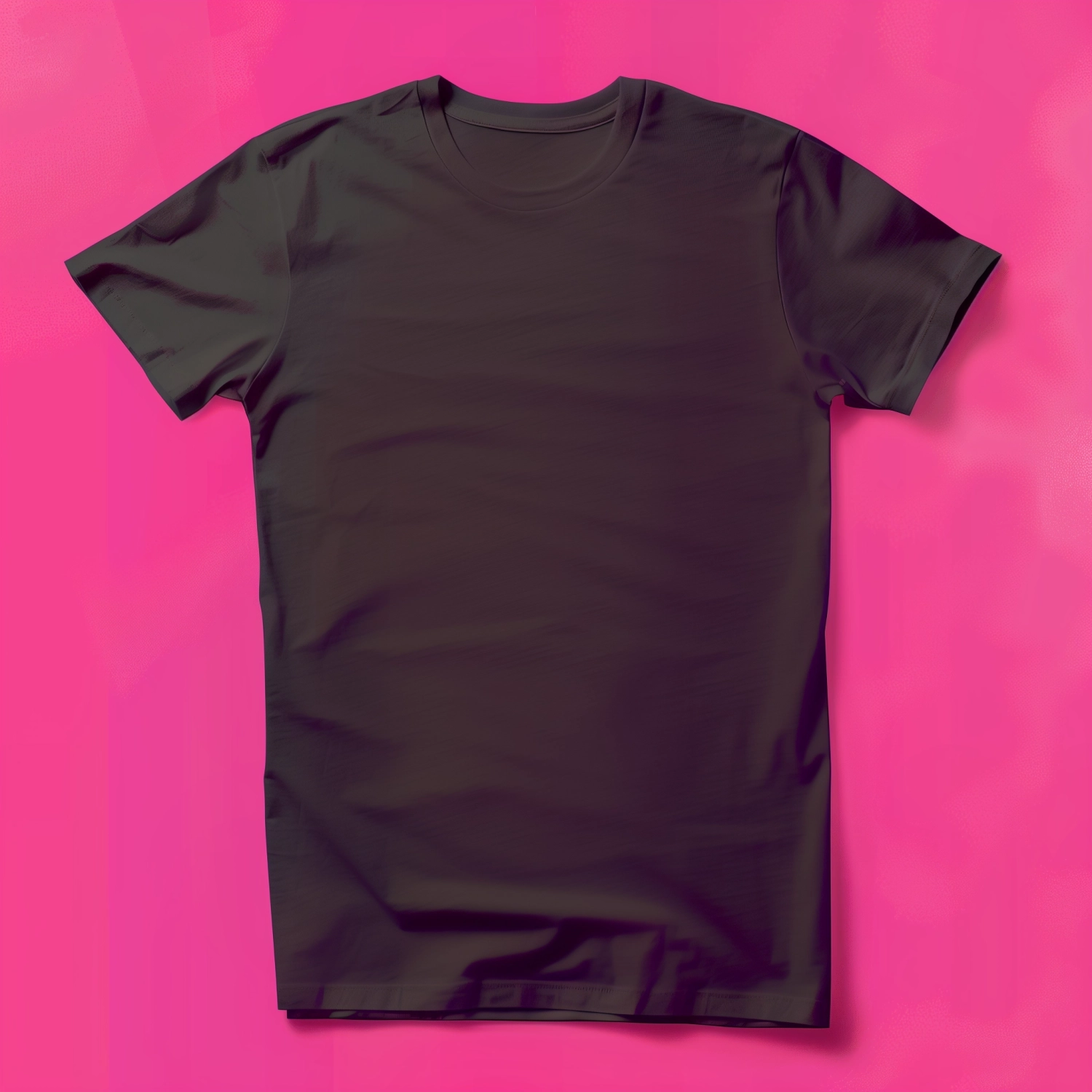 A photorealistic apparel mockup of a blank black Bella canvas 3001 t-shirt, tagless, direct overhead shot, flatlay, neatly smoothed flat, matte photo with subtle shadows, laying flat on a solid bright pink flat background