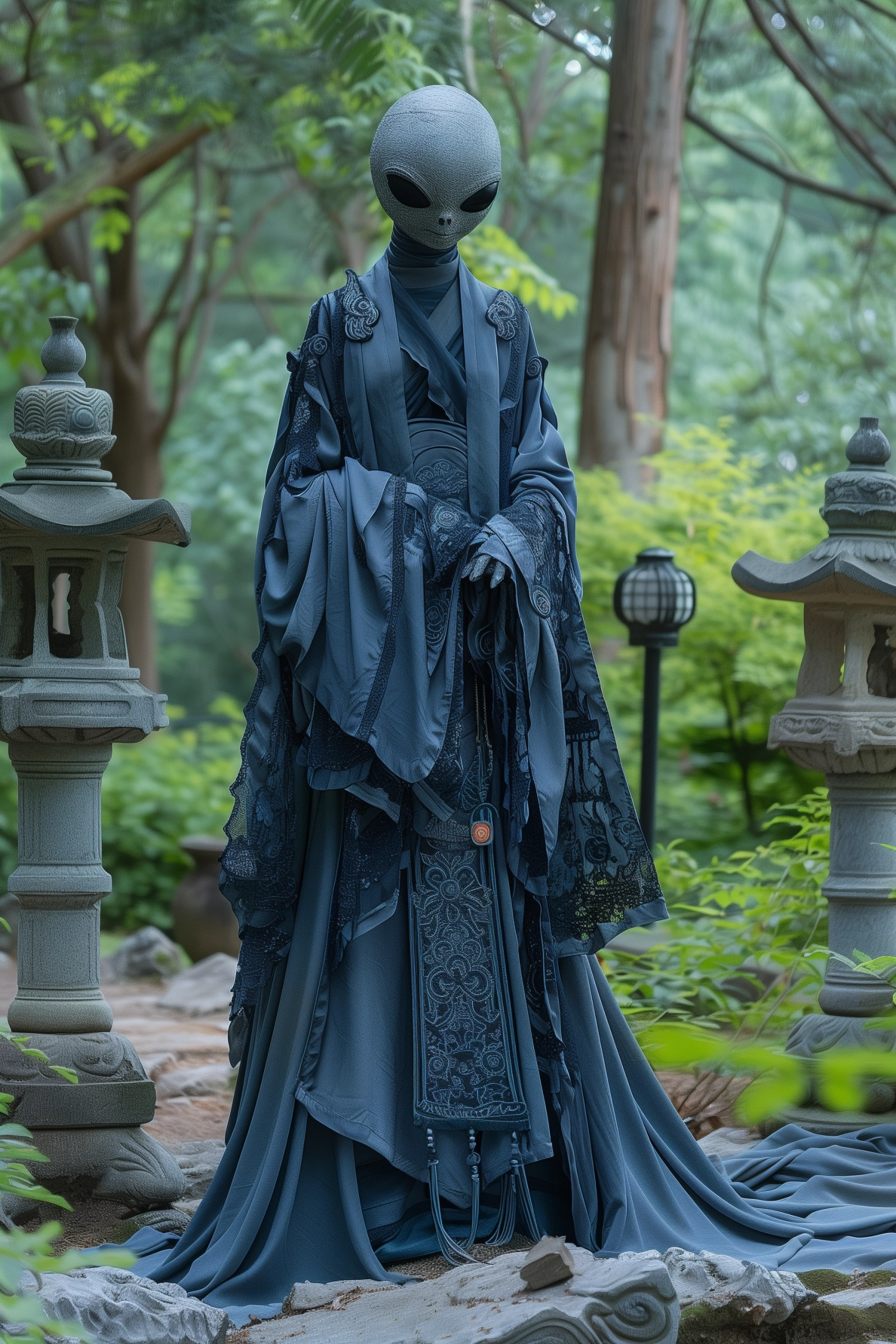 Full length, a young alien girl from another planet wearing traditional Chinese robes standing in the park, in the style of light gray and dark blue, romantic academy, detailed costumes, avian theme, dark navy blue and sky blue