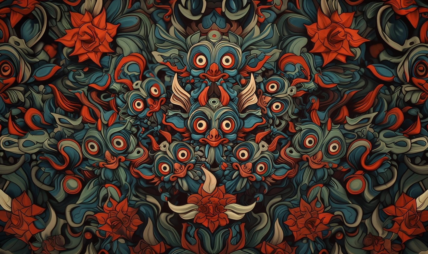 cute forest goblins, seamless pattern, matte painting, polished, symmetric, tessellation, M.C. Escher, intricately detailed, contrasting colors, psychedelic art, digital illustration, 3D shading, Unreal Engine, comic art