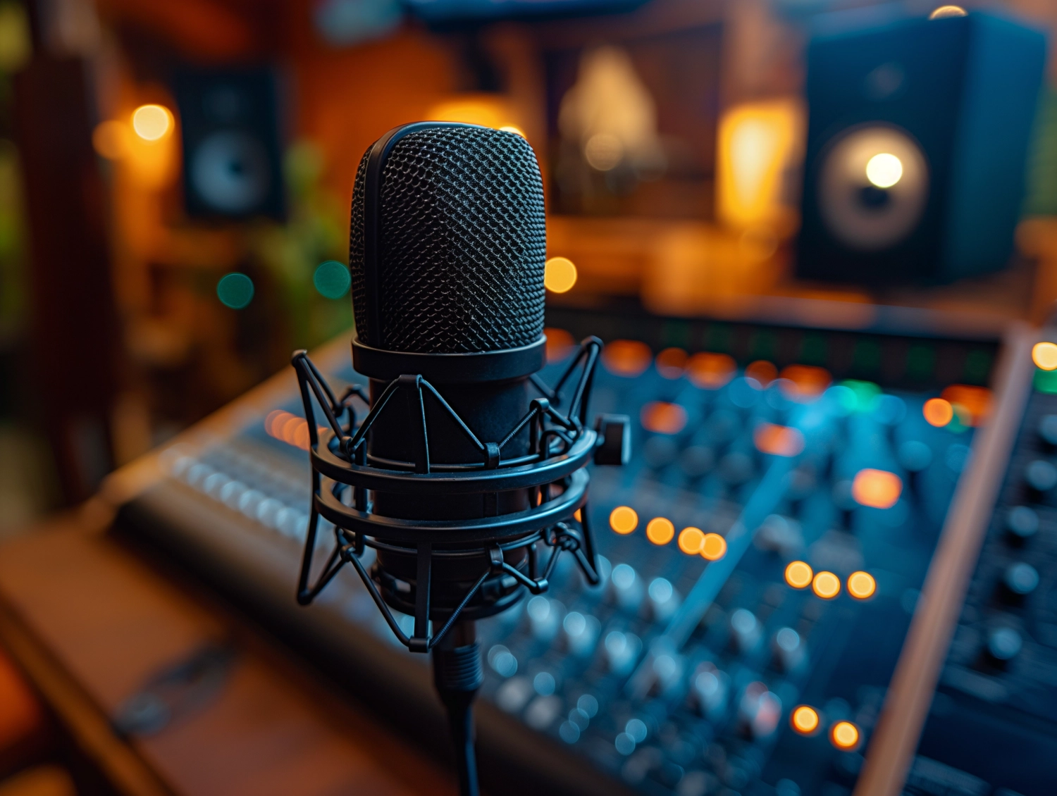 Microphone in a professional recording or radio studio, equipment in the blurry background