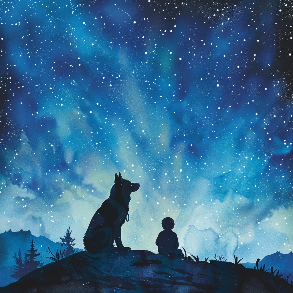 The silhouette of an Alaskan sled dog and a child, gazing up at the starry sky