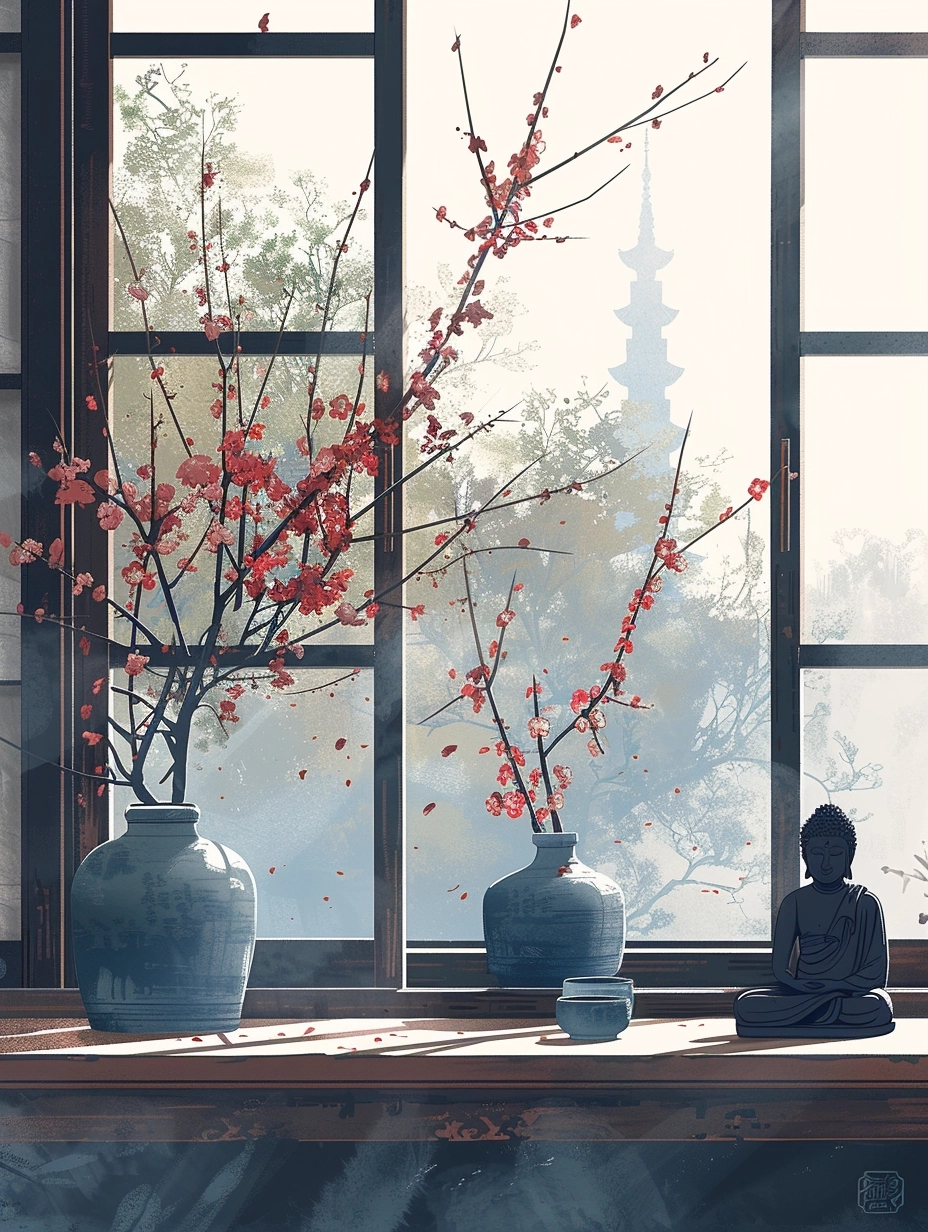 Chinese minimalist tea room background, with plum blossom vases by the back window and a Buddha statue outside the window