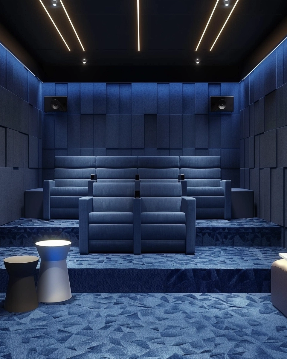 a private cinema that exudes modern minimalism and luxurious comfort. The space is defined by a calming color palette of blues and neutrals, with sleek geometric acoustic panels enhancing the acoustics without sacrificing style. Plush, upholstered cinema chairs offer unparalleled comfort, while minimalist side tables provide convenience without clutter. Ambient lighting from linear LED lights creates a soft glow, perfect for an immersive viewing experience. Emphasize the harmony between design and functionality, capturing the essence of a contemporary, serene, and inviting cinematic retreat
