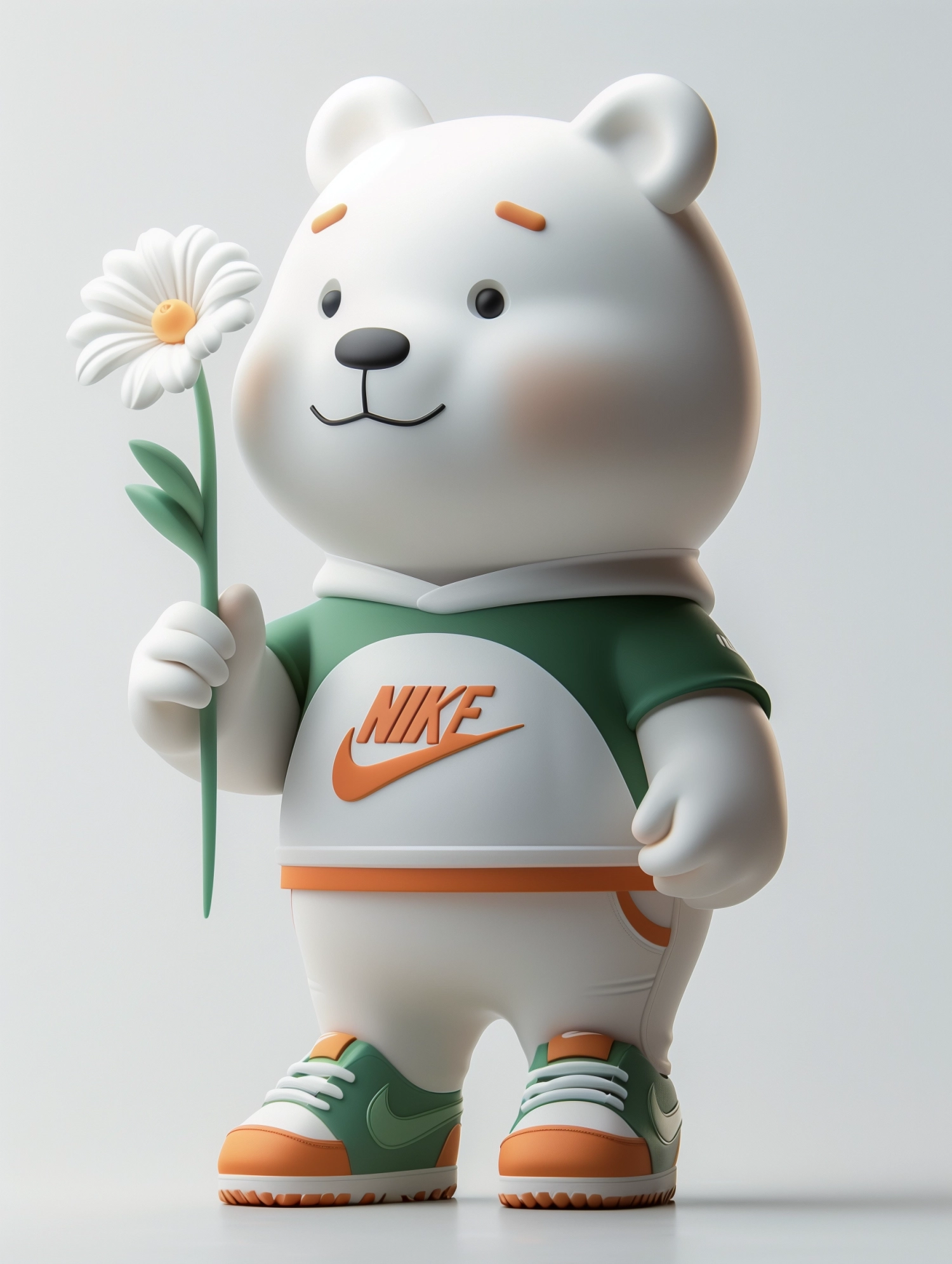 Blind box modeling, very simple octane 3D rendering, incarnation of cute and happy Arctic bear role, happy, holding a flower, wearing green and white T-shirt, Nike shoes, fashion Pixar style design, smooth outline, monochrome with light orange, white background, soft lighting highlights its characteristics, minimalist art