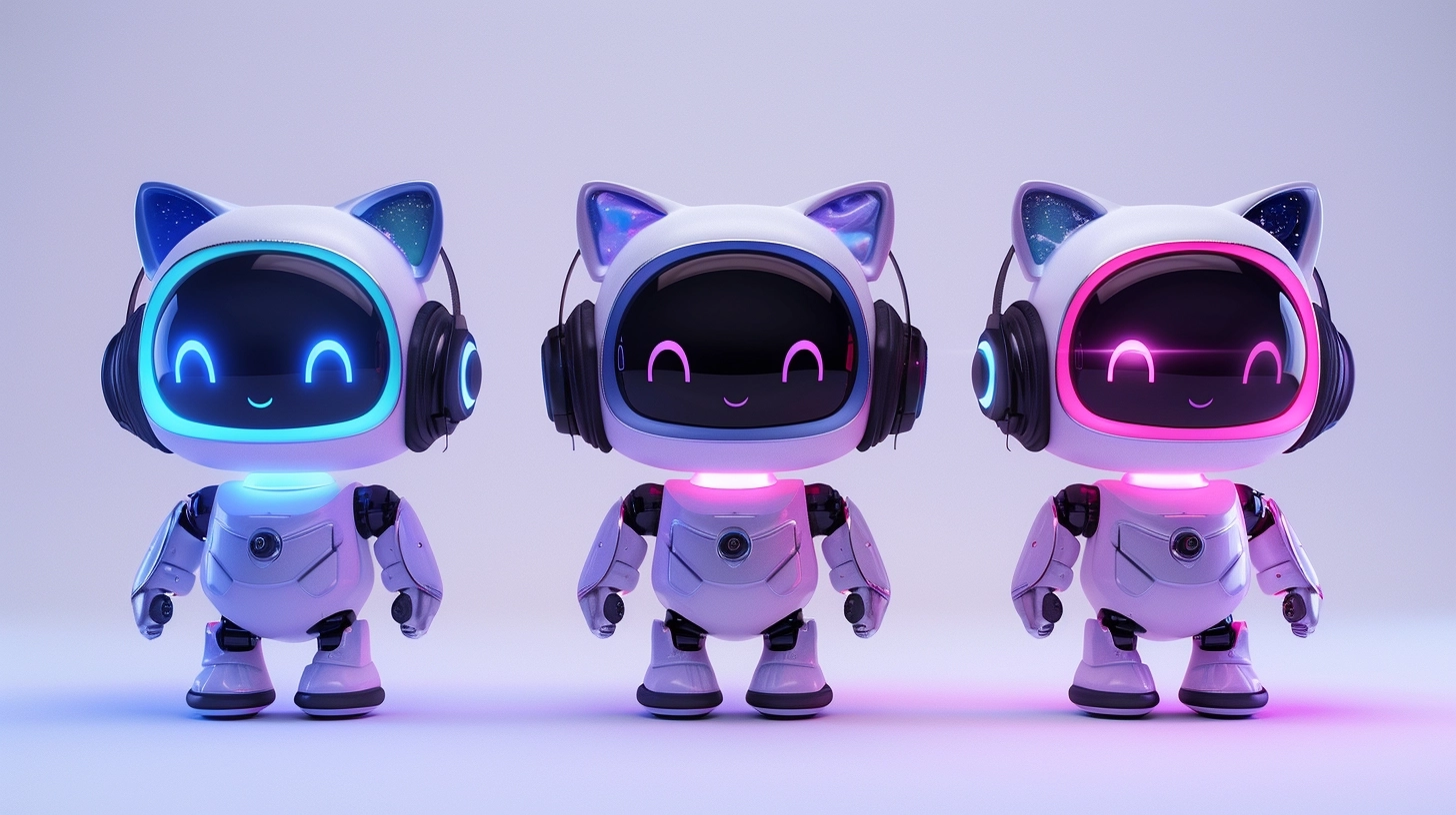 Blind box style cute robot with two blue gradient cat ears and a purple metal body, neon color translucent melt by Dieter Rams, Bauhaus style, full body, lovely face, smile, chibi, delicate features, clothes of technology, headphones, clean background, generate three views, namely the front view, the side view and the back view, Natural lighting, 8K, best quality, ultra-detail, 3D, C4D