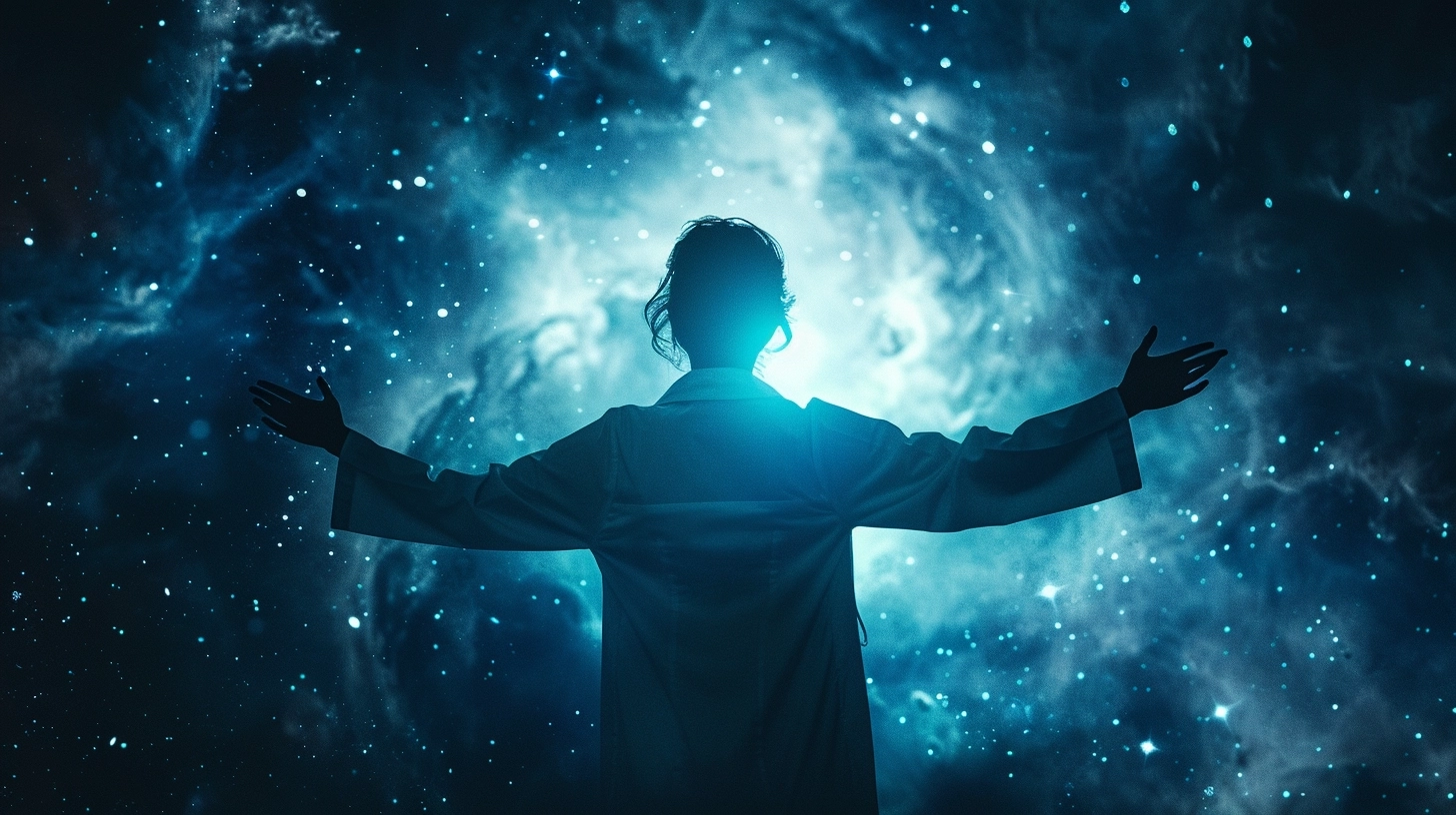 silhouette of one woman wearing lab coat 1950s era; sci-fi theme; woman reaching out towards light; galaxy; photo realistic; dramatic movie poster; dark blue atmosphere;
