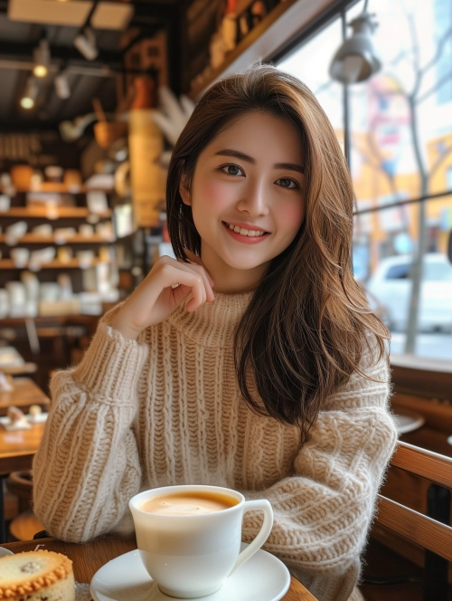 wide shot of a 26-year-old Japanese girl with a mid-hairstyle, show her forehead, natural skin, no makeup, happily drinking tea at a cake shop,