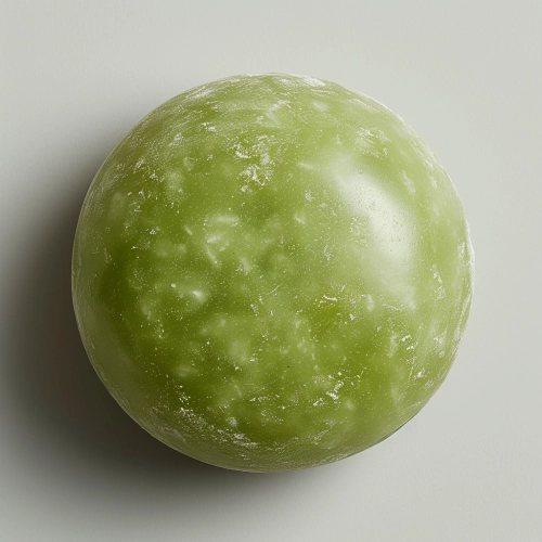 a photography of a beautiful, lovely round matcha mochi with no decoration. High-Level view 45 degree angle. Shot using a Hasselblad camera, ISO 100. Professional color grading. Studio Lights, No shadows. Clean sharp focus. Pure white background. High - end retouching. Food magazine photography