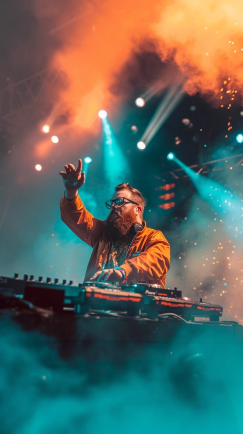 a bearded chubby DJ, who is playing on a stage of a big music festival, with one hand in the air, the other hand on the mixer in fron of him, camera view straight 10m from him, Photocamera sony a9, night time, lasers, fire effects, crazy dancing people from behind