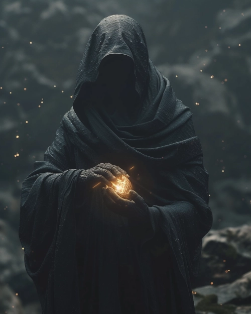 epic cinematic shoulder still of dark mage wearing a dark cloth cloak , worshipping cthulus god relic , dark, cinematic atmosphere , cinematic and dramatic lighting , epic , photoreal