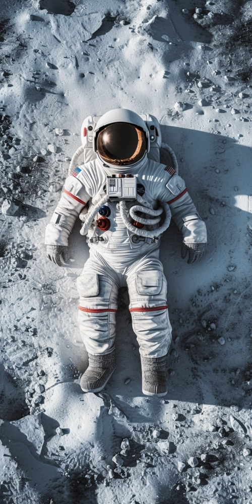 Hyper realistic top view photograph of a NASA astronaut lying on the moon, natural light, detailing, shadows and light tones