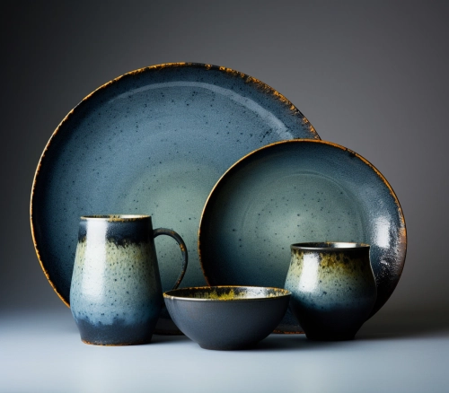 a ceramic dinnerware, in the style of dark silver and dark azure, sana takeda, dark navy and light green, jean-françois millet, hard-edge color field, blurry details, imitated material