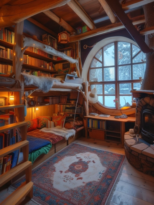 fairytale room, Equipped with wood burning stove, desks and bookcases, Bunk bed, Bold structural design, Winter atmosphere, Fluffy quilt, Indoor lighting, 32k uhd, Wide view, Multi color matching, Ultra HD Picture