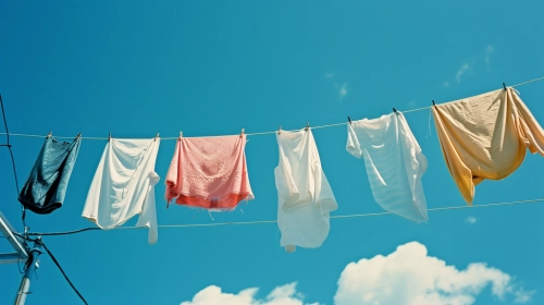 The timeless ritual of laundry day captured with clothing hung out to dry in the warm sun, the subtle interplay of light and shadow on the fabric against the vivid blue sky shot on Fujifilm, Fujicolor C200, depth of field emphasized