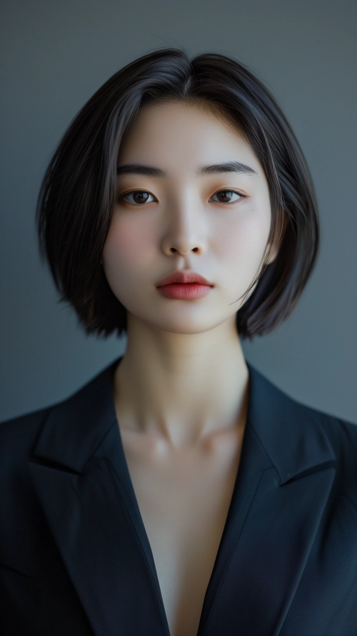 A sleek, high-resolution portrait of a young, beautiful Korean woman with a cool, collected demeanor, porcelain skin, and a precision-cut geometric bob, attired in a modern, monotone business suit. Her direct, unwavering eye contact with the camera contrasts effectively against an uncomplicated backdrop of slate grey, lit with a crisp, clear light that highlights her ambitious presence.