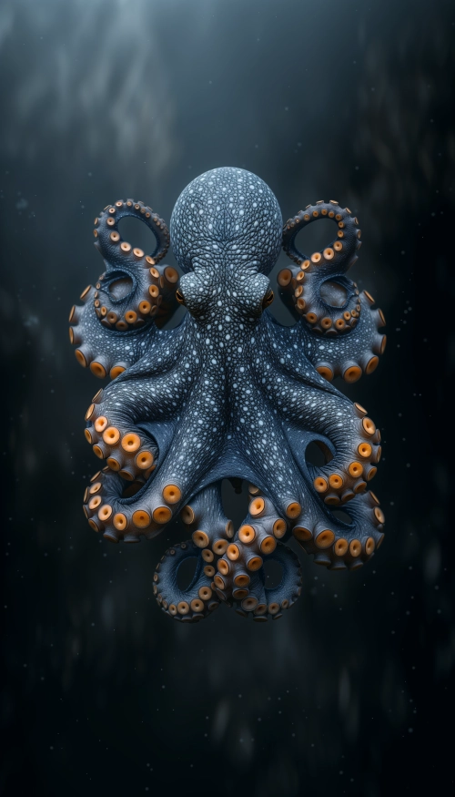 An octopus, masterfully captured in the dominant negative space style, emerges from the void as if summoned by the sheer power of imagination. Its tentacles, elegantly defined by the absence rather than the presence of color, stretch into the surrounding emptiness, creating a mesmerizing dance between form and void. This minimalist approach, where the background's vast expanse serves to outline the octopus's form, evokes a profound sense of serenity and mystery. The creature's eyes, the only features detailed with subtle strokes, gleam with an intelligence and curiosity that transcend the simplicity of the depiction. The atmosphere of the piece is one of peaceful contemplation, inviting viewers to lose themselves in the infinite possibilities of what lies beyond the seen
