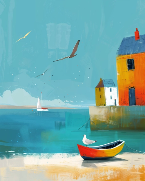 a colorful seaside scene, seagulls, a boat, from a weird movie by goro fujita and sam toft