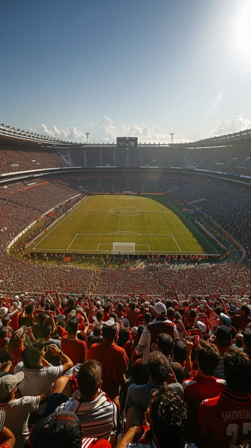 generate an image of 190,000 capacity soccer stadium packed with fans during a game