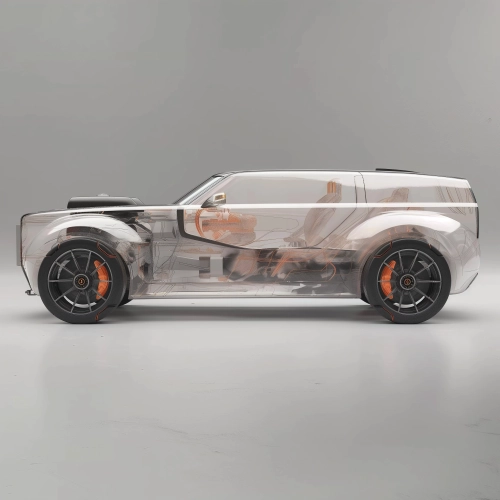 [side view] + [a white car with wheels and an engine, in the style of futuristic retro realism, grandeur of scale, light silver and dark silver and some details in orange, sparse, angular linework, raw and powerful]