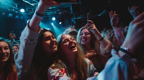 Group of friends taking a selfie in a concert, photography