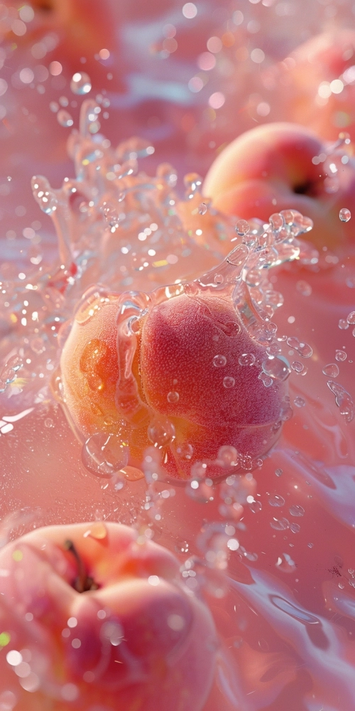 A few photos of peaches and water, with a light pink and transparent texture style, anime aesthetics, interesting complexity, berry punk, gorgeous colors, 32k uhd, karol bak