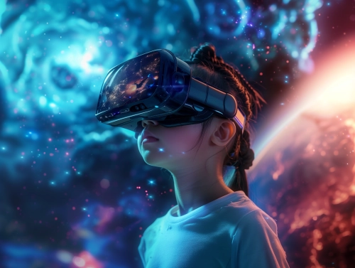 An 11 year old Chinese girl wearing VR glasses, in the universe, with a sense of technology, 8K, OC rendering, high-resolution photography, exceptionally detailed, fine details, and professional color matching