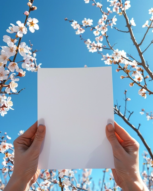 Generate a picture: photographic style. Realistic. Close-up of hands holding a blank white paper with blue sky and few peach blossom branches in the background. The sun shines beautifully on my hands. HD. Best quality, extremely rich in detail