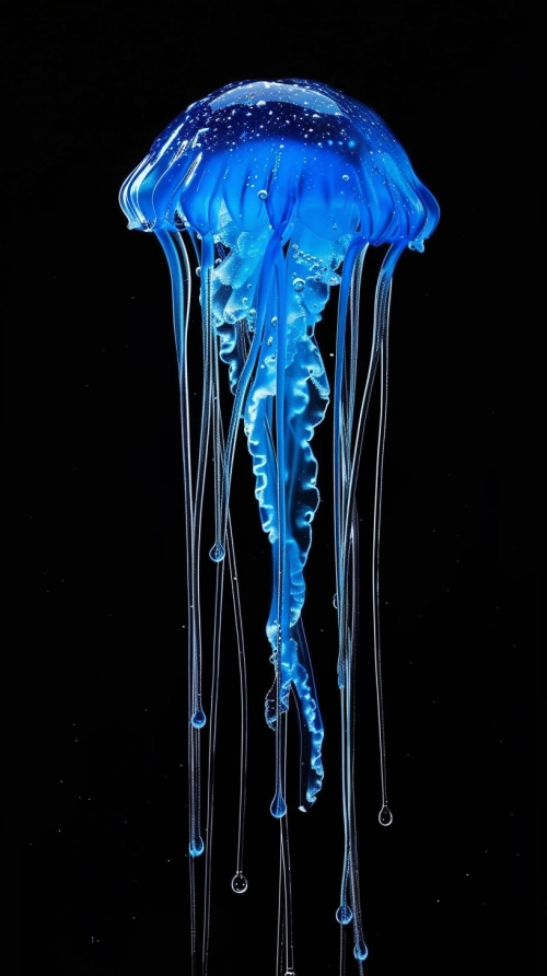 a small blue jellyfish floating in water, in the style of abstract colorist sculptor, black background, translucent resin waves, 32k uhd, dripping paint, characterized animals, luminescent installations