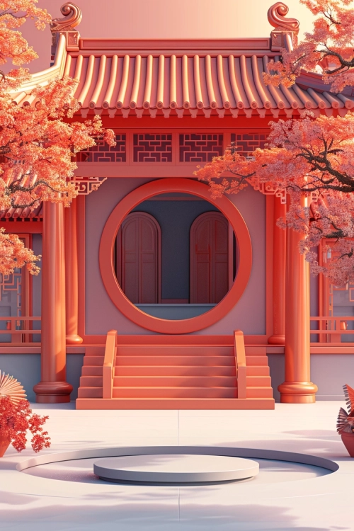 A cute 3D cartoon illustration, a circular square in the front, the background is fashion chinese building, 3D Pixar style, bright light, minimalist, low-angle, grand Spring Festival celebration,vibrant stage backdrop