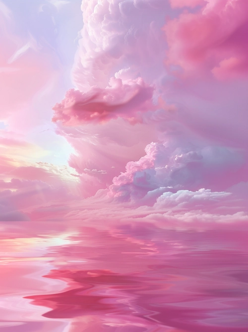 abstract pink sky, in the style of digital painting and drawing, atmospheric clouds, whimsical genre scenes, romantic illustration, realistic scenery, sparse backgrounds, brightly colored