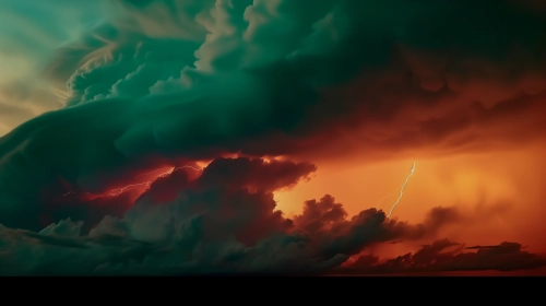 A scene photo of rolling storm clouds and intense lightning, brimming with the grandeur and power of nature. The color tone of the clouds in Aston Martin's brand blue-green, with lightning and the background sky in yellow. This image is intended to reflect the speed and power of Aston Martin, creating a spectacular and awe-inspiring scene, extremely details, extremely reality