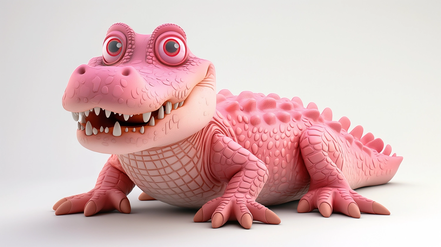 pink smiling crocodile on white background, pixar style, isometric perspektive