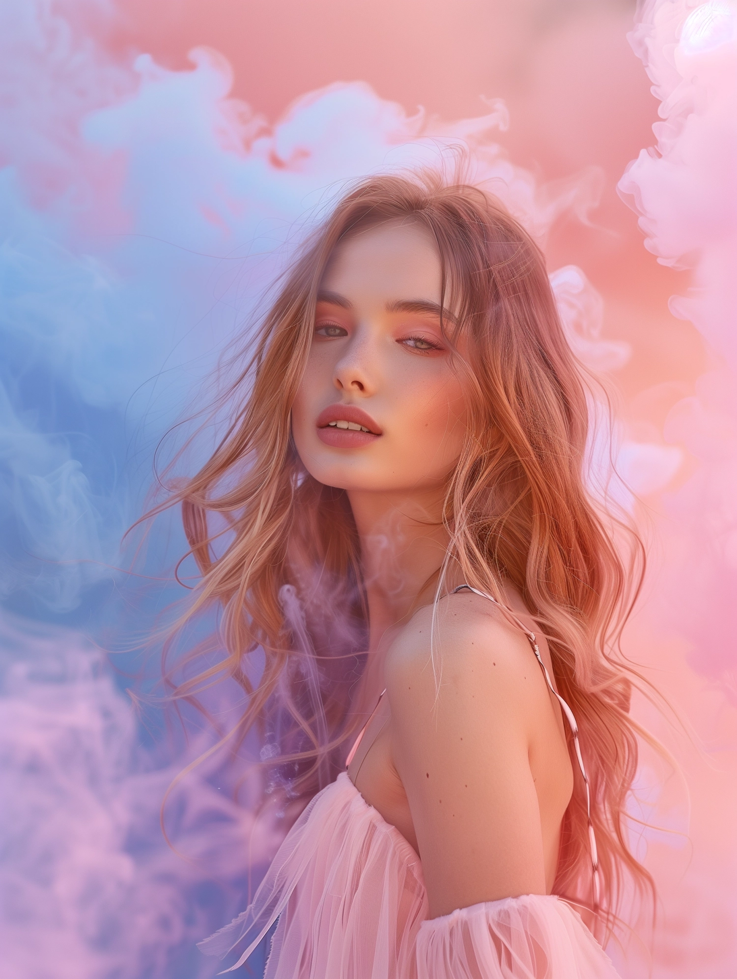 a young and beautiful Caucasian girl in a cloud of smoke in the style of dreamy pastel, fashion photoshoot