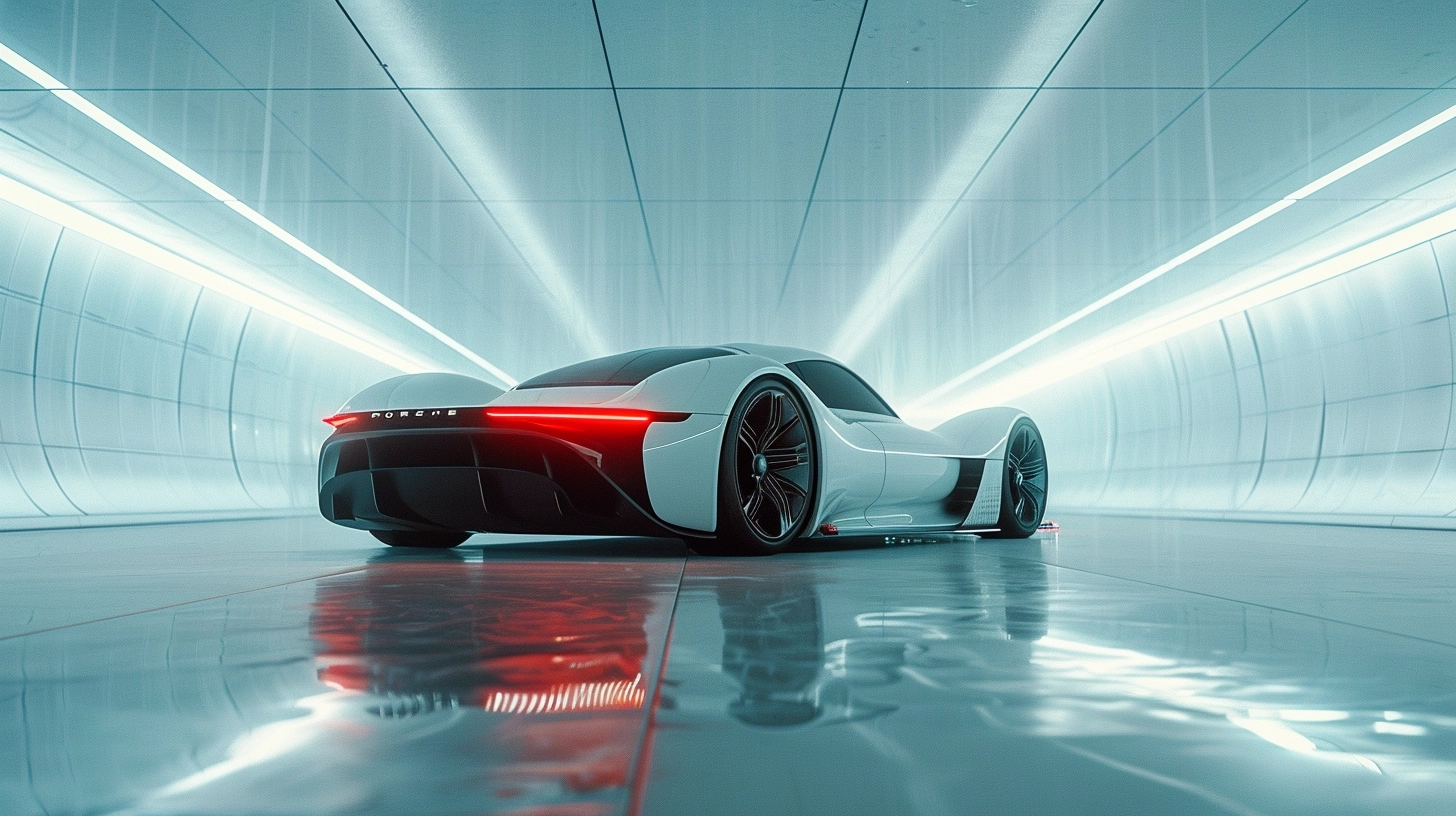 wide shot of a futuristic concept Porsche, white studio, cinematic shot, portra 400 film, 35mm lens, full frame camera, aperture f1.8, depth of field, not too sharp