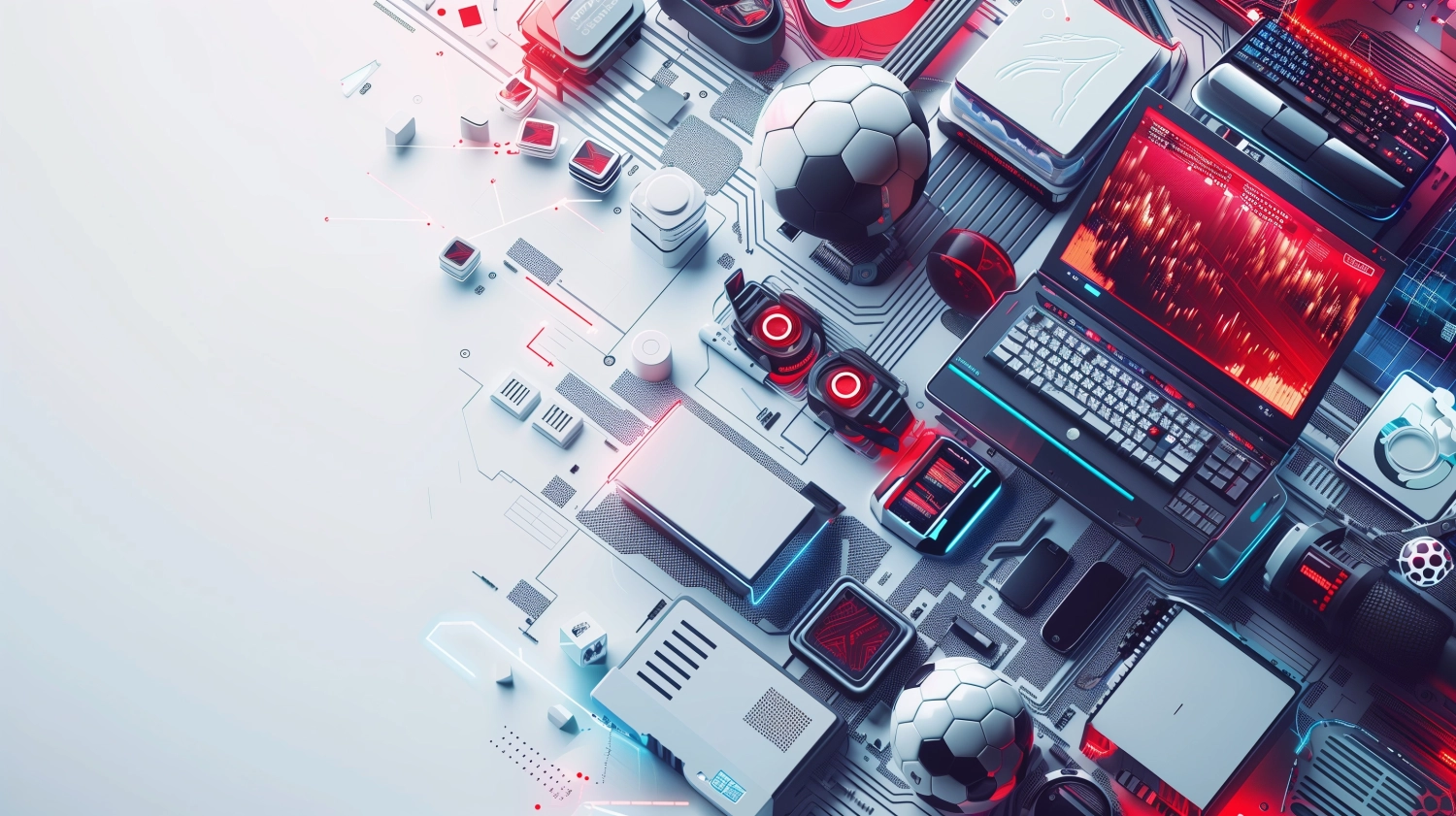 A WEBSITE BANNER IMAGE WITH THE WORD , AI SPORT LEAGUE , in the middle, white background , tech products sorround the text, media