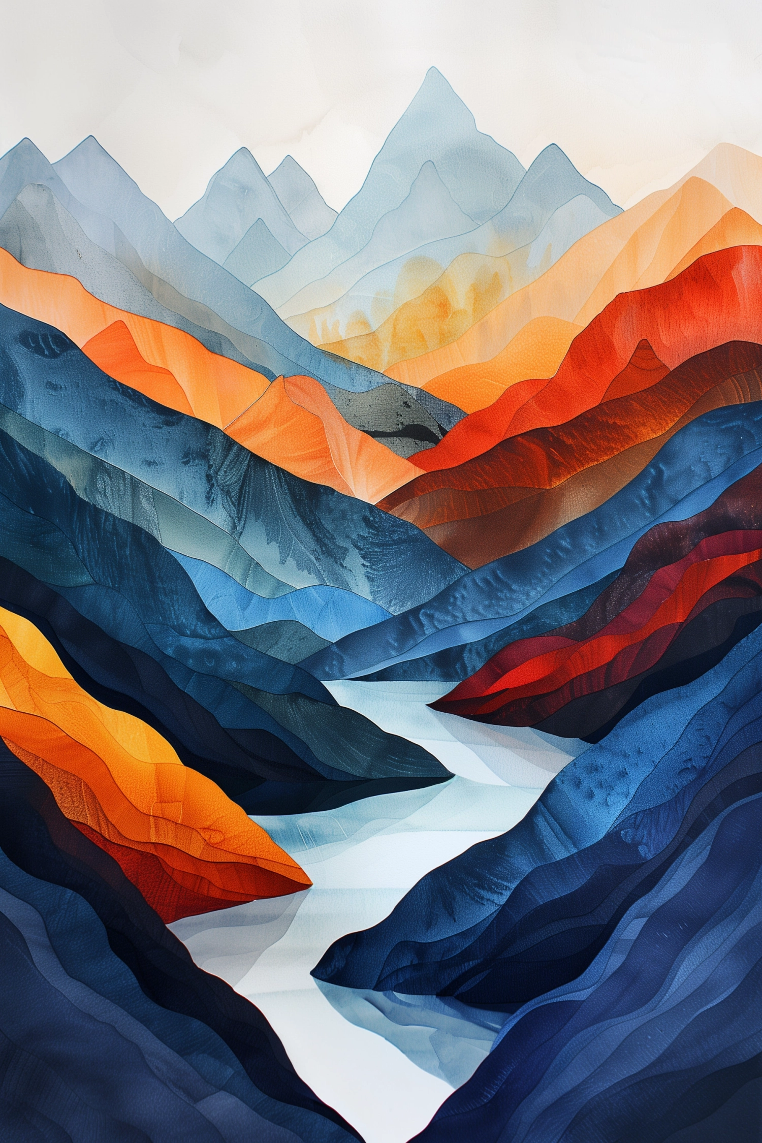 pastel watercolor painting of mountains, in the style of mind-bending patterns, warm color palettes, colorful curves, topographical realism, large canvas paintings, indigo and amber, minimalist color palette