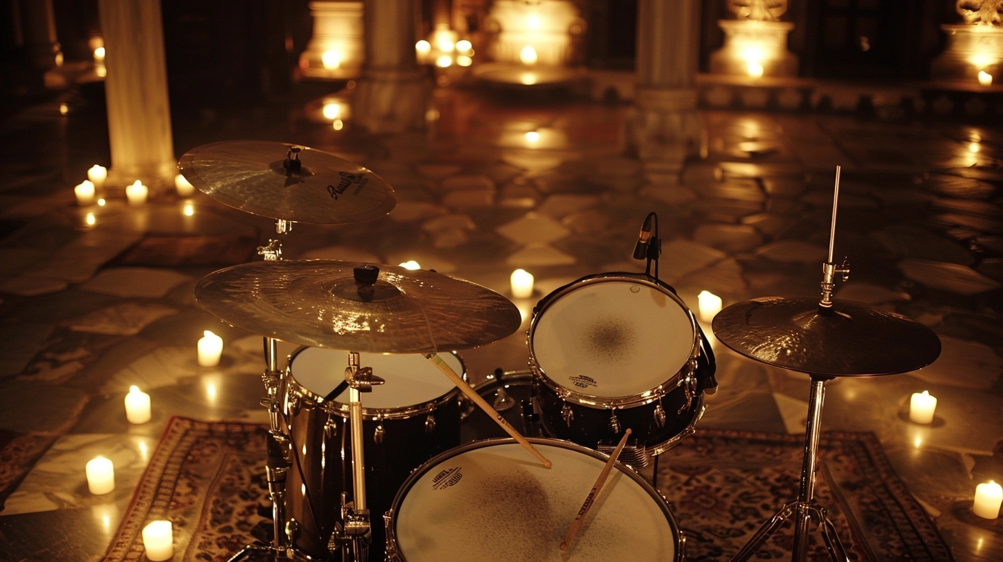 a drum kit with cymbals in Topkapi Palace, night time, bright candle lights around, in style of Hayao Miyazaki
