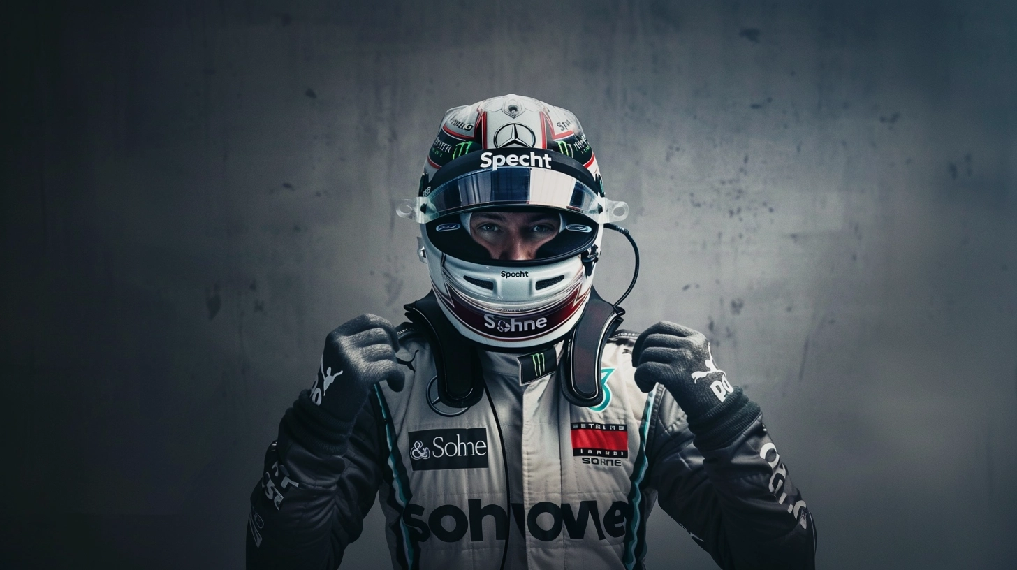 write the words "Specht & Sohne" on the suit of a formula 1 driver, photorealistic