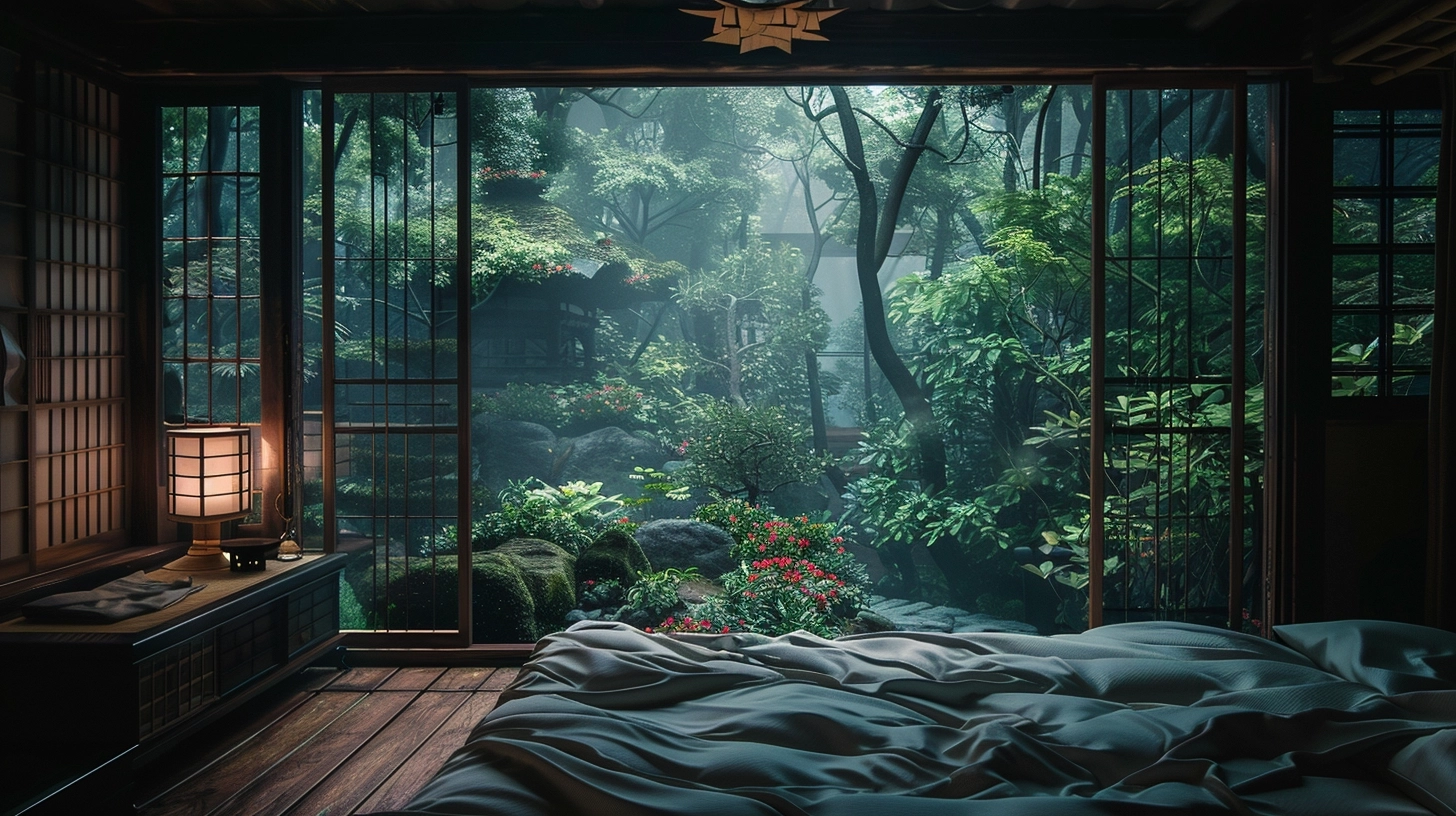 the windows and doors that is behind the bed are open, in the style of max rive, japanese traditional, uhd image, depictions of inclement weather, mysterious jungle, gloomy, i can't believe how beautiful this is