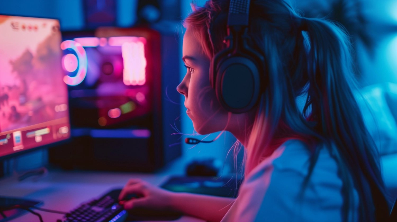 teen gamer girl playing a PC game. pink and blue tint. stock photo quality.