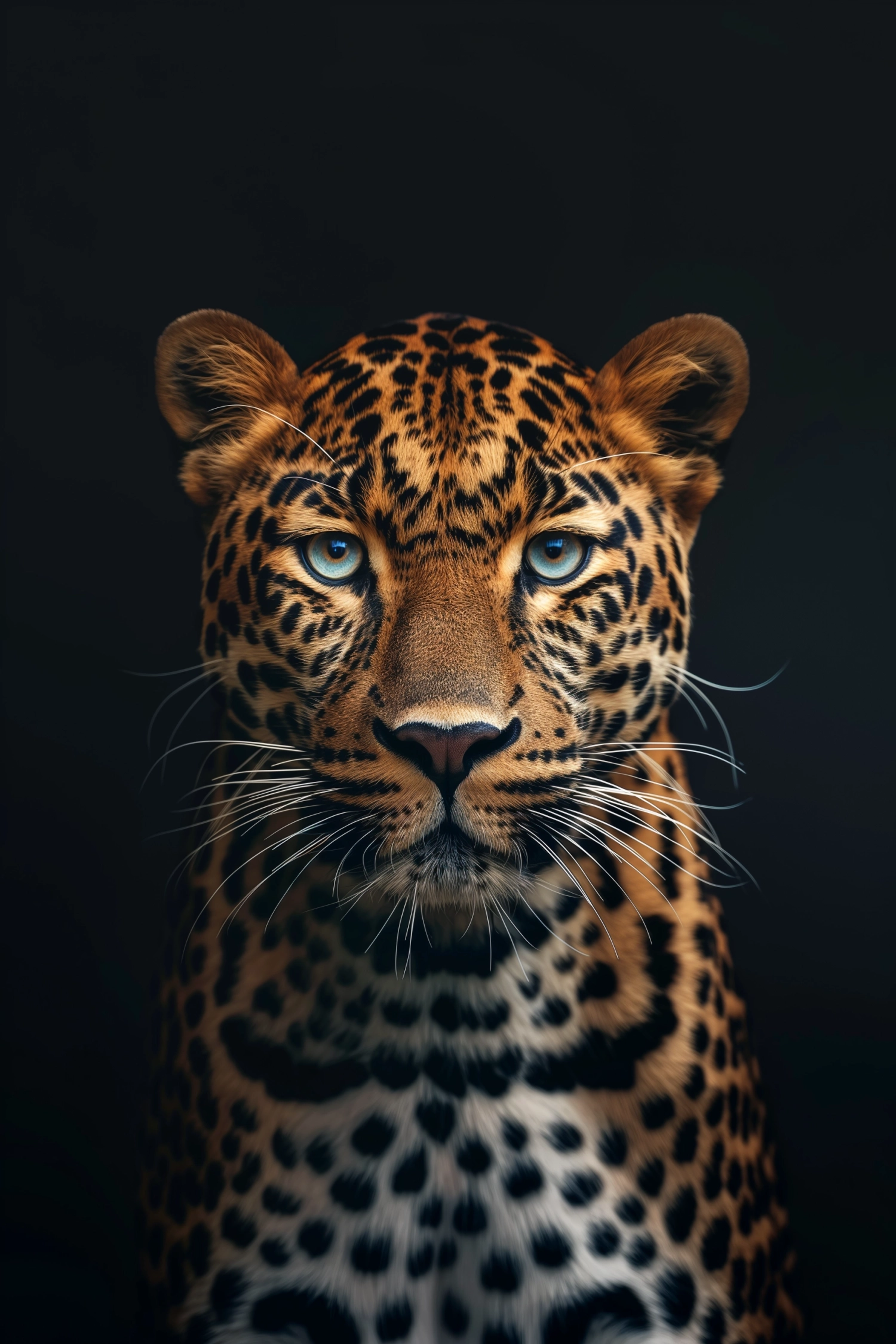 photography of a majestic leopard, front view, dark background