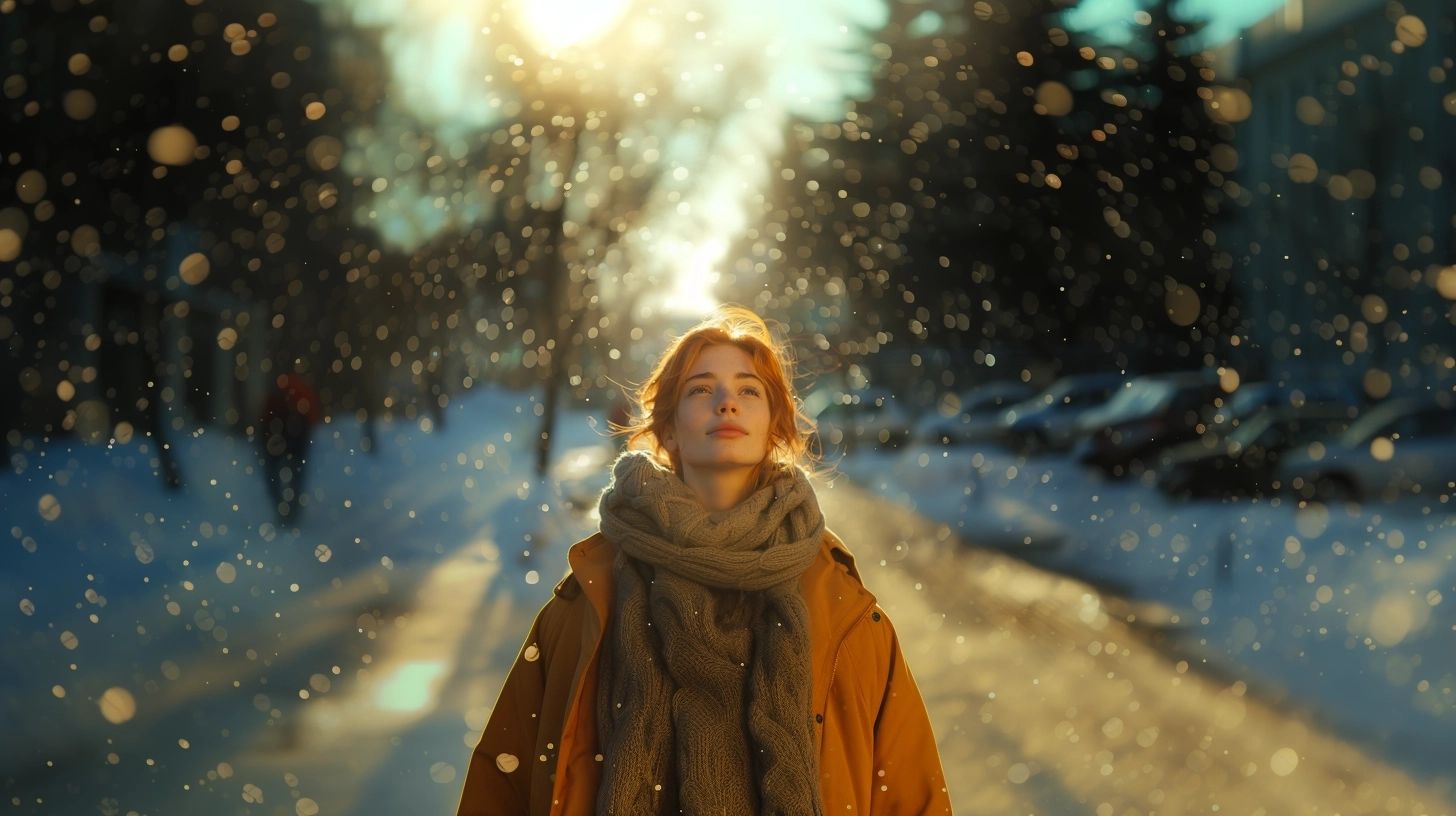 zoomed out, a redhead woman is standing on a busy Moscow street, her face is turned towards the sun, there is a slight smile on her face, she is feeling and enjoying the moment of inner peace within the chaos of the city. There is a slight agical sparkle around her hair. Cinematic lights, ultra hd,