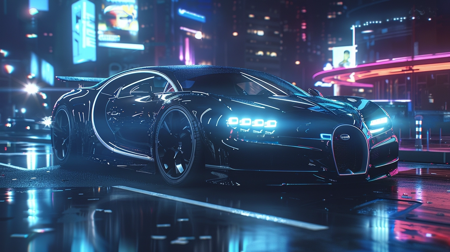 realistic Bugatti Chiron, ultra-detailed, high speed, front, road formed by data, dramatic lighting, CGI, VFX, SFX, insanely detailed, cyberpunk atmosphere