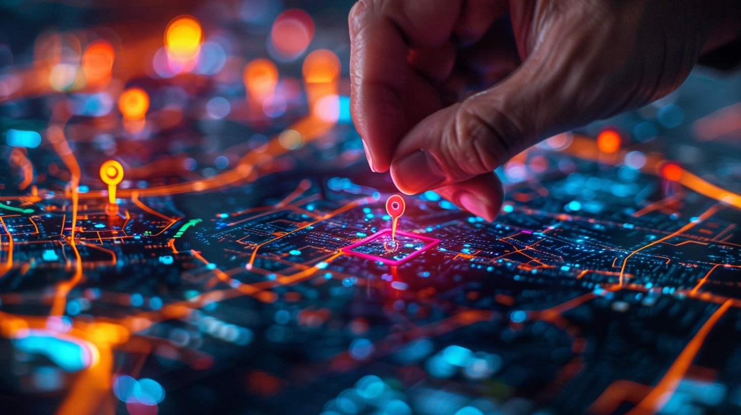 Vivid digital hand placing pins on a futuristic map, showcasing AI-driven GPS tech and innovative delivery routes.
