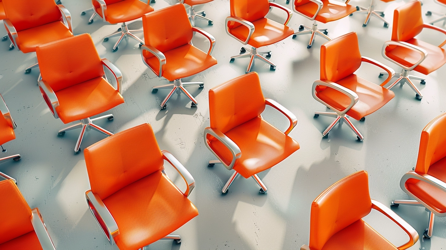 100 orange office chairs, in a bright white space, The chair looks very small,A lot of chairs,Chair with pulleys,10 * 10 arrangement,Neatly arranged,borderless space ,Aerial photography,Shocking spatial vision,Top-down perspective, perception from high altitude,A Bird&apos:s-Eye View. Aerial View,High altitude vision,panorama, Panoramic view, Front, Side, Rear View,overhead view,Cinematic feeling,Shooting from afar,photorealistic, Bright and transparent light