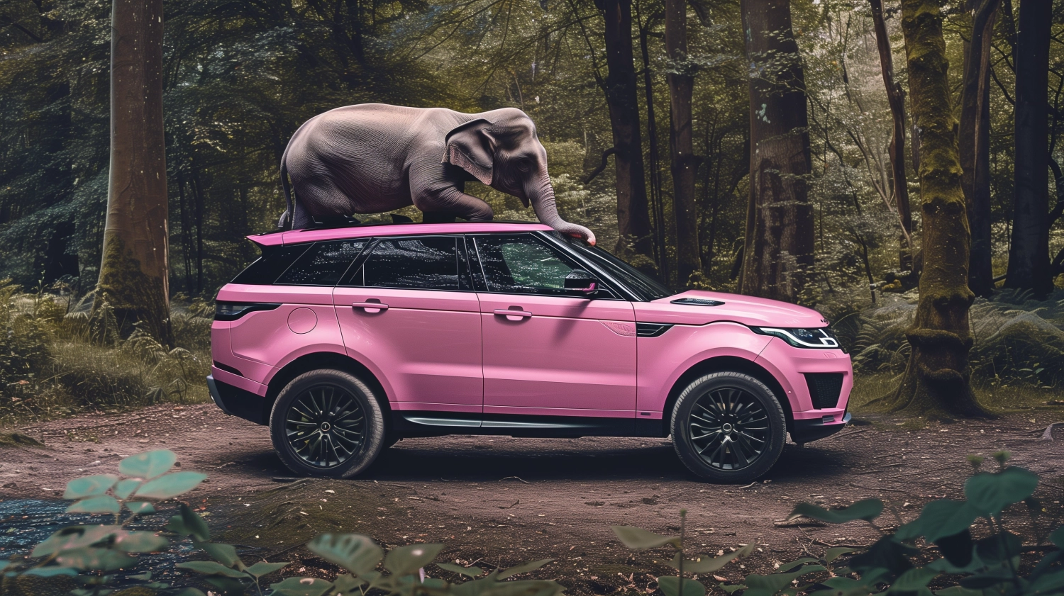 an elephant sat on a pink range rover evoque. Shot using a Hasselblad camera, ISO 100. Professional color grading. Soft shadows. Clean sharp focus. High - end retouching. magazine photography y