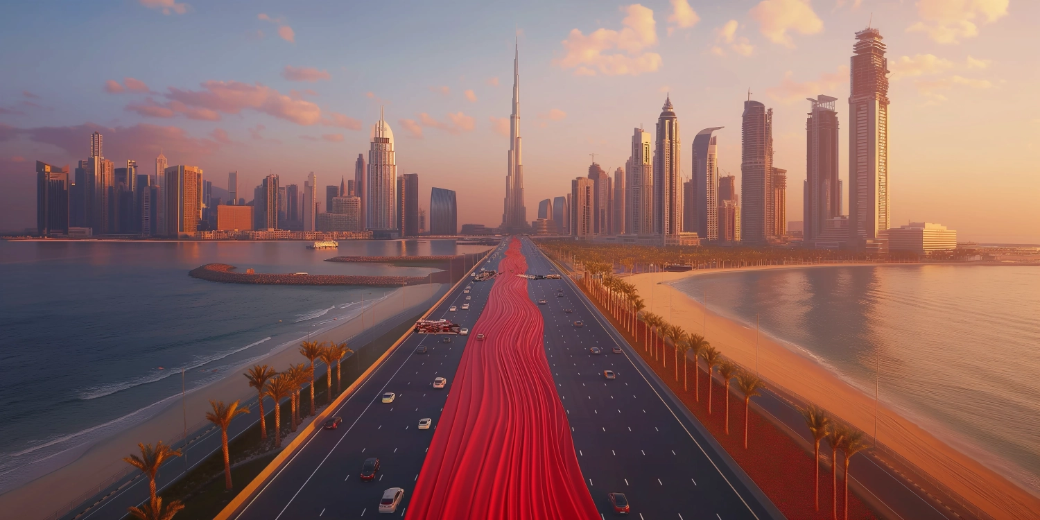 create A long strip of red cloth passes between Dubai landmarks over the roads featuring the Burj Khalifa, Burj Al Arab, and Palm Jumeirah, advertising style, Cinematic, Photoshoot, super - detailed, 8 k,